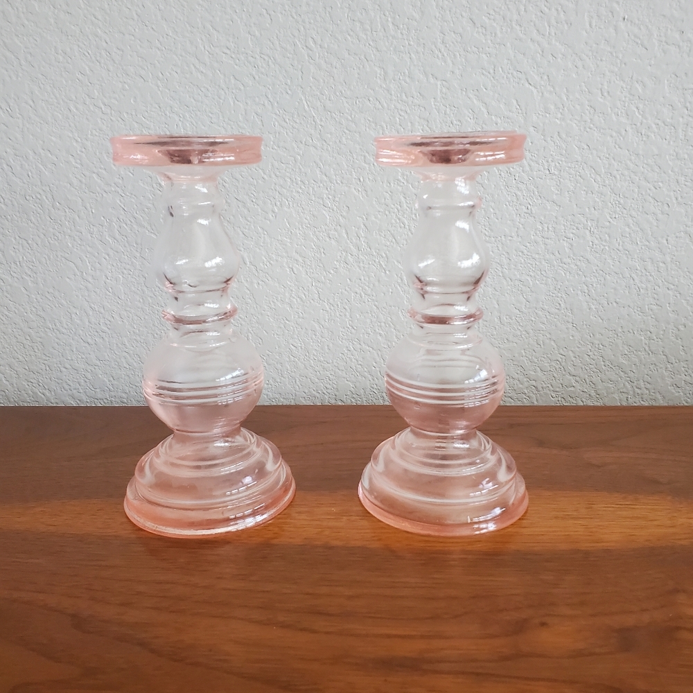 Benton-West Designs Pink Glass Candlesticks